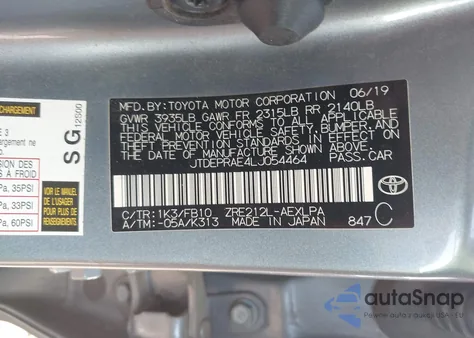 2020 Toyota Corolla Le из США, поврежденный, VIN JTDEPRAE4LJ054464